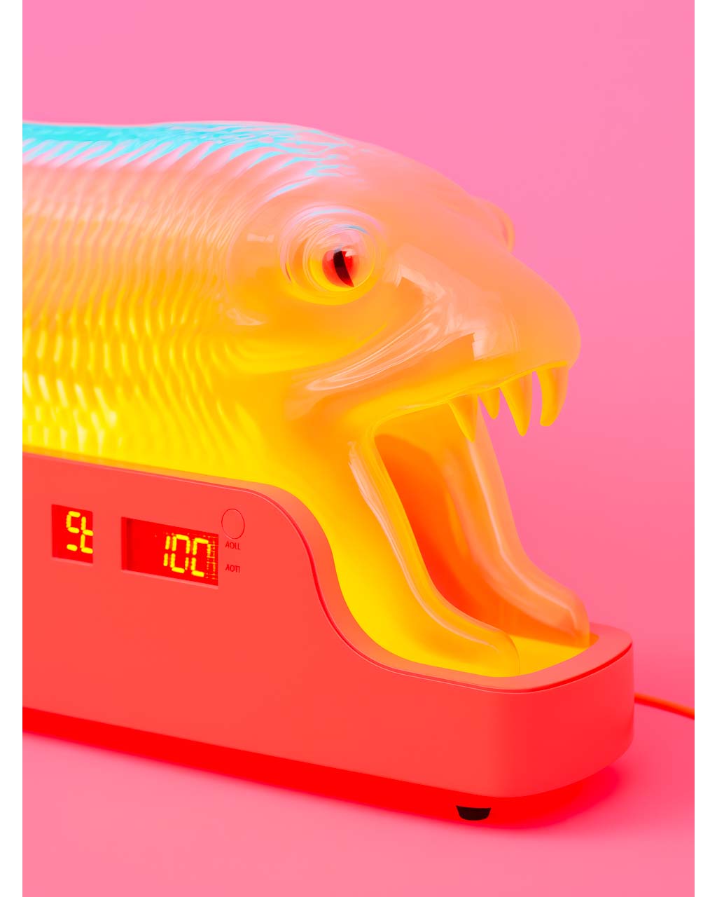 Poster Art. Stylized image of a snake-shaped alarm clock.