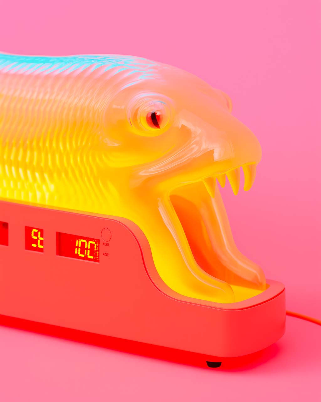 Poster Art. Stylized image of a snake-shaped alarm clock.