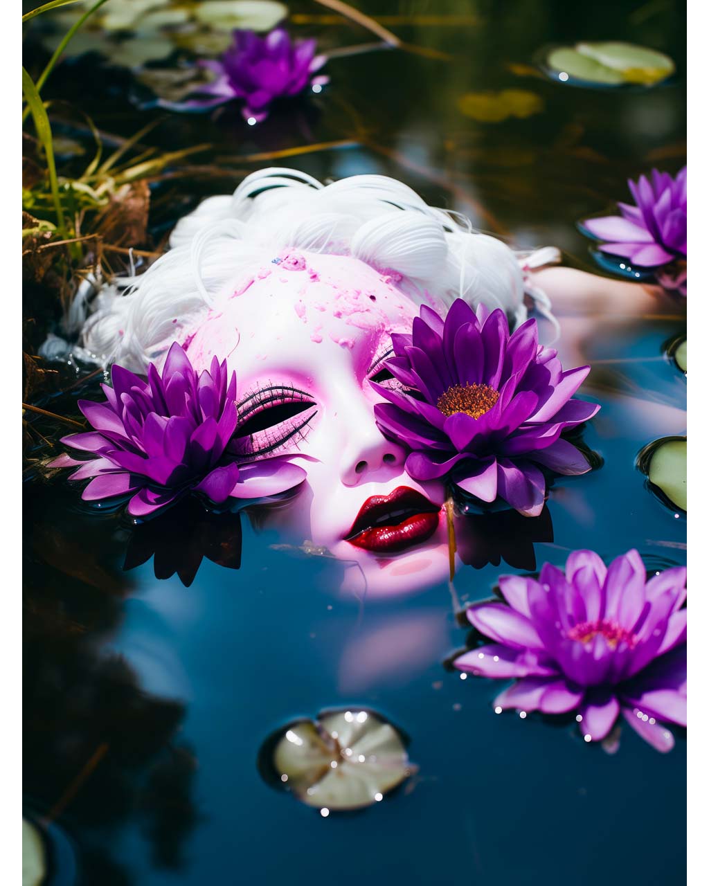 Poster Art. A white doll floating in the water with purple flowers.