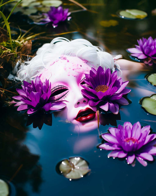 Poster Art. A white doll floating in the water with purple flowers.