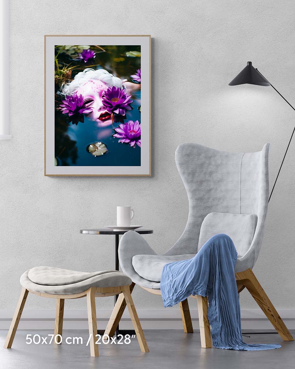 Framed poster on the wall. The poster depicts a white doll floating in the water with purple flowers.