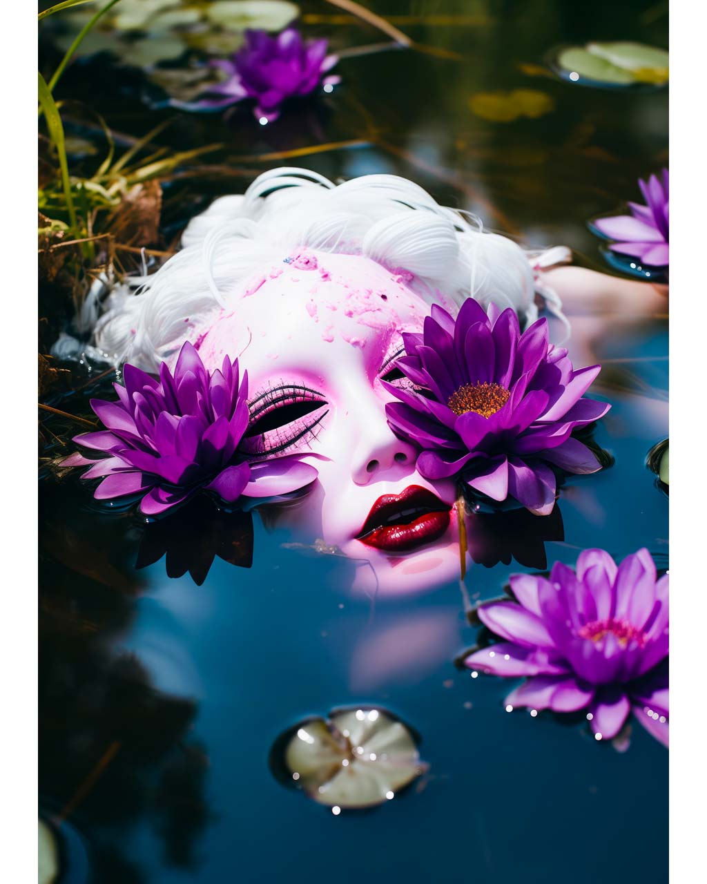 Poster Art. A white doll floating in the water with purple flowers.