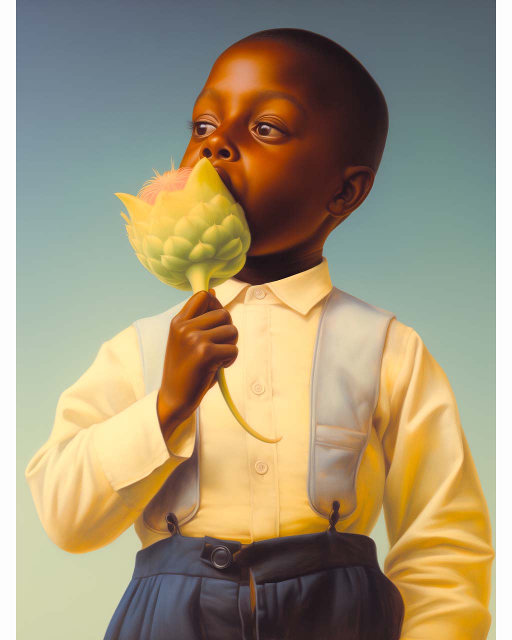 Poster Art. An african american boy is holding a lotus flower.