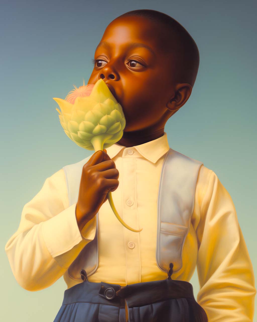 Poster Art. An african american boy is holding a lotus flower.