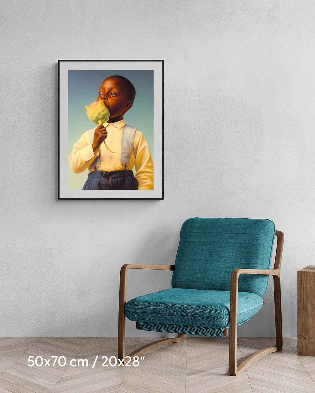 Framed poster on the wall. The poster depicts an African-American boy holding a lotus flower.