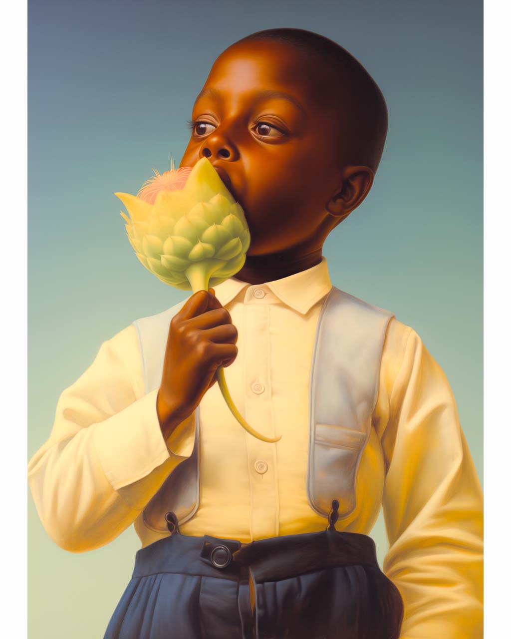 Poster Art. An african american boy is holding a lotus flower.