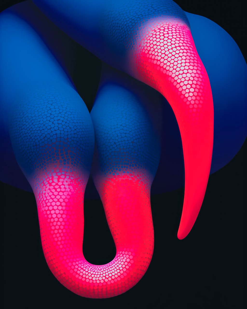 Poster art featuring a surrealist closeup image of blue birds with bright pink beaks.