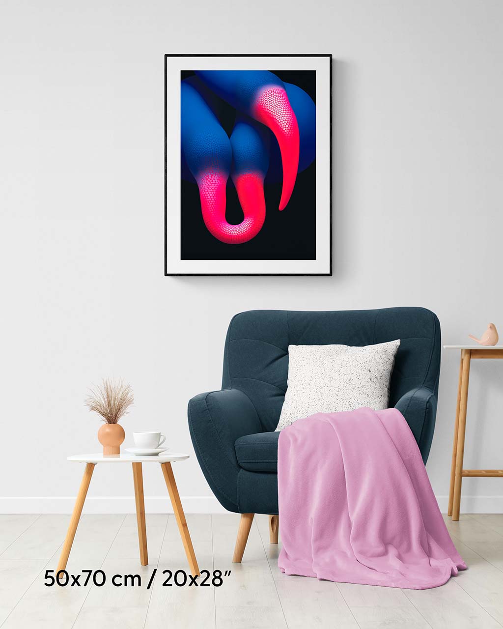 Poster hanging on the wall. In the poster features a surrealist closeup scene of blue birds with bright pink beaks.