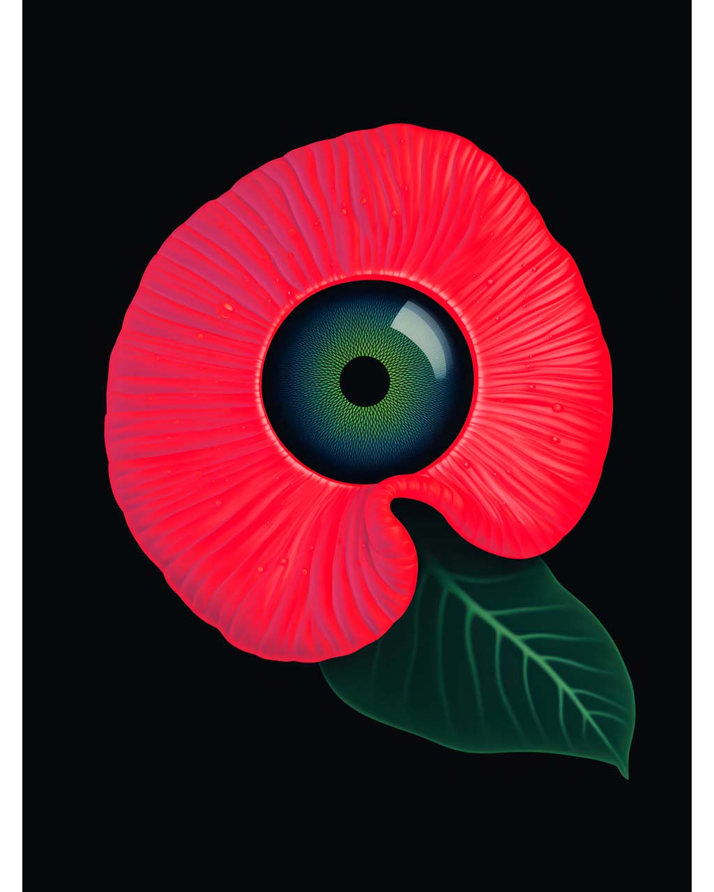 Poster Art. A green eye in the middle of the red flower.