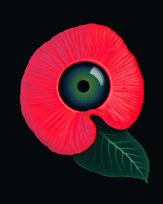 Poster Art. A green eye in the middle of the red flower.