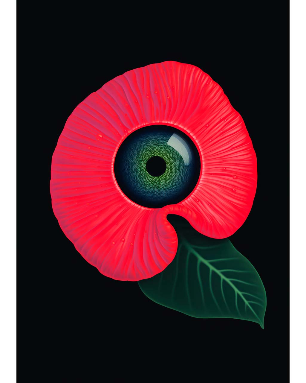 Poster Art. A green eye in the middle of the red flower.