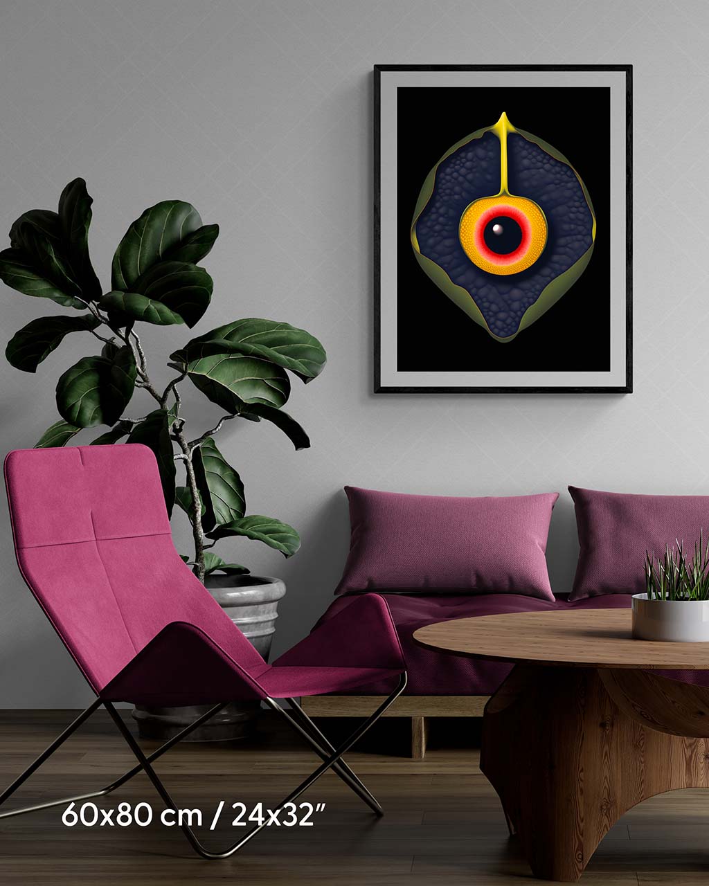 Framed poster on the wall. Poster features a surreal image of a plant with an eye in the middle.