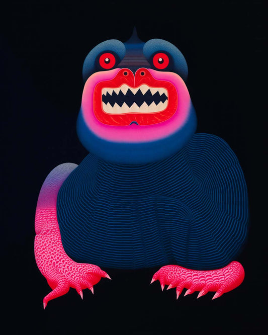 Poster art. Mythical oriental creature in pink and blue.