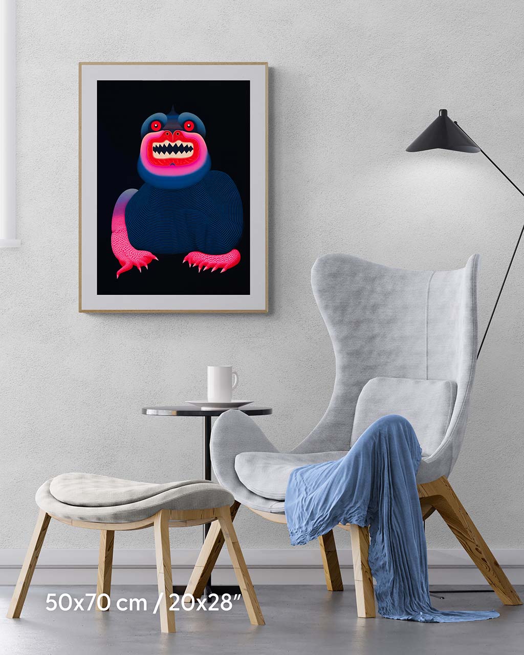 Framed poster on the wall. Poster features a mythical oriental creature in pink and blue.