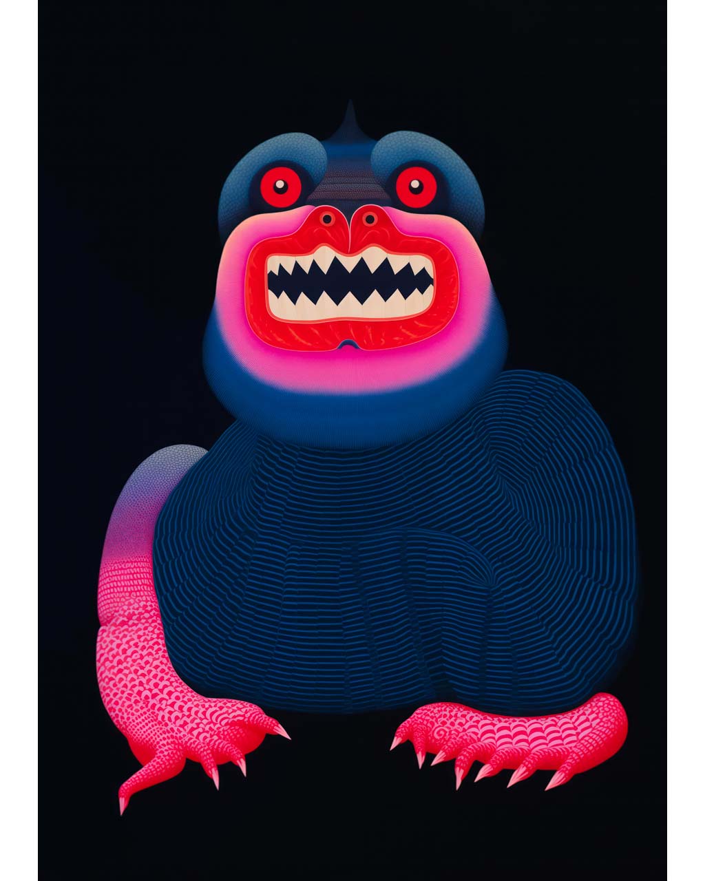 Poster art. Mythical oriental creature in pink and blue.