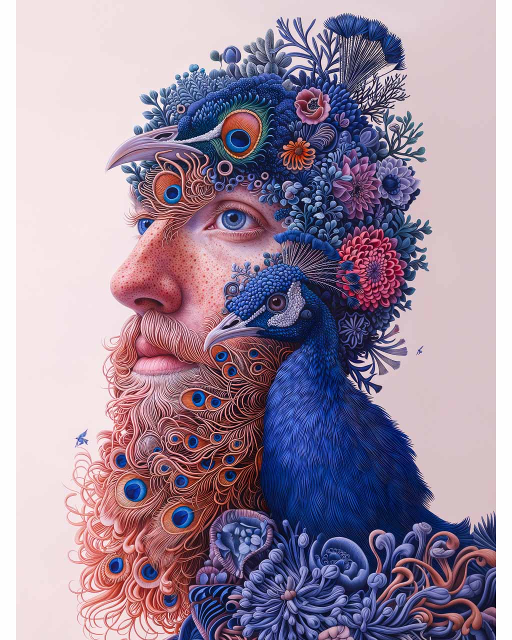 A bearded man posing with a peacock.