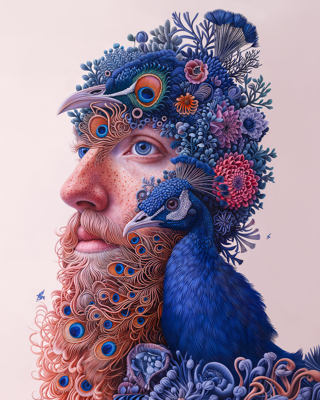 A bearded man posing with a peacock.