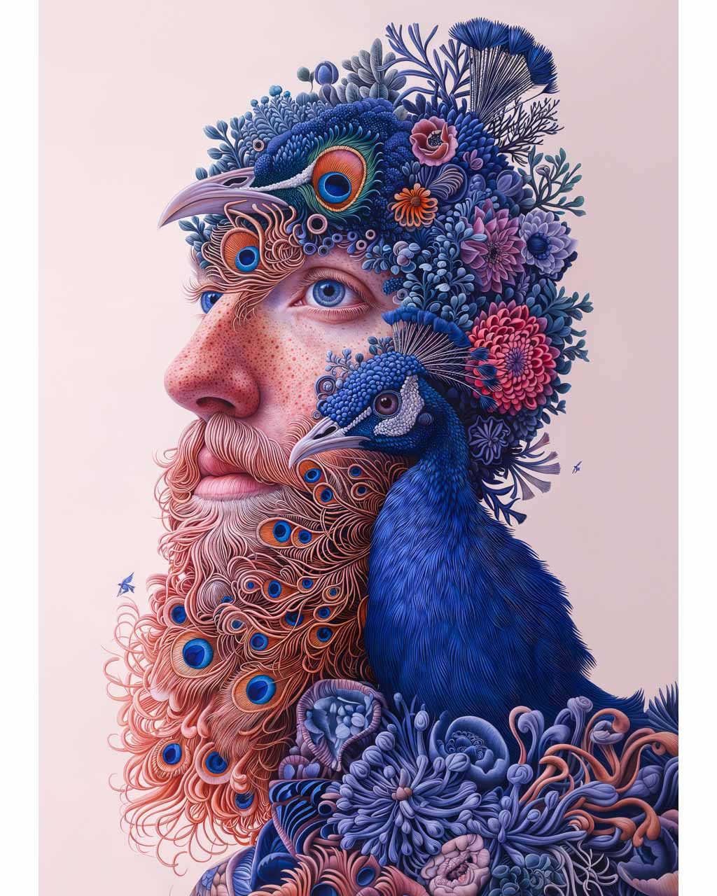 A bearded man posing with a peacock.