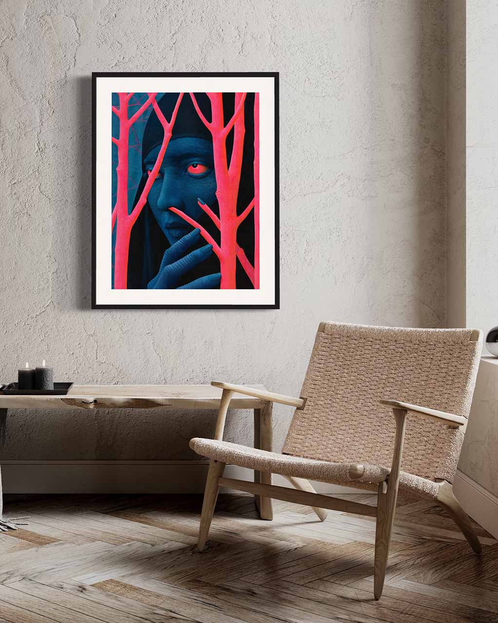 Art poster featuring a surreal figure in the woods displayed on the wall in a beautifully decorated interior.