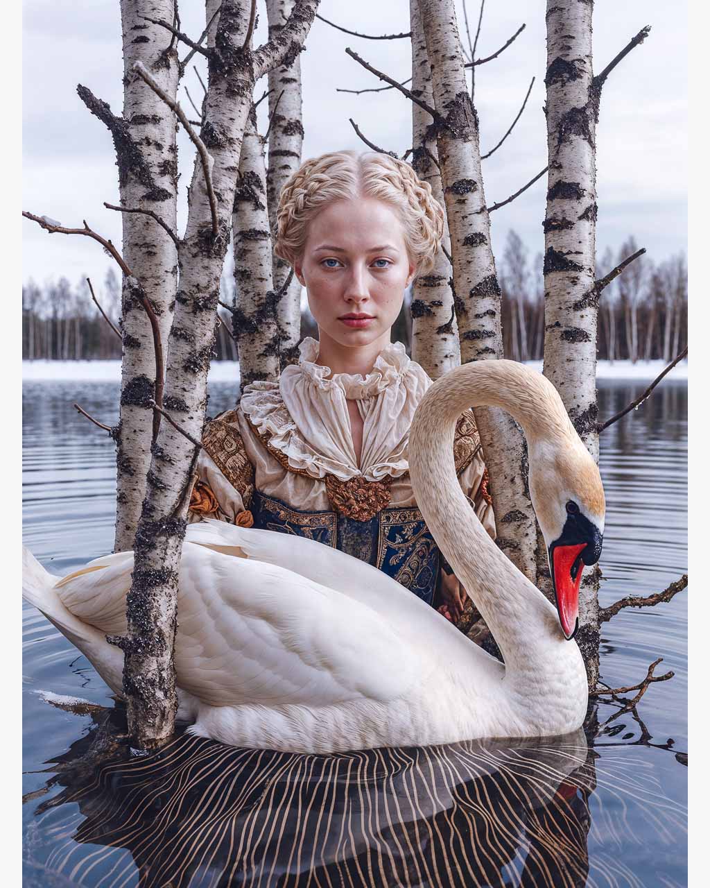 Woman standing in a lake with a swan.