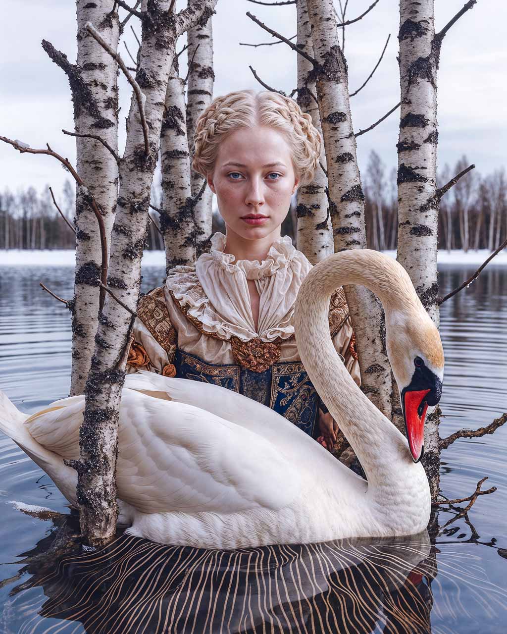 Woman standing in a lake with a swan.