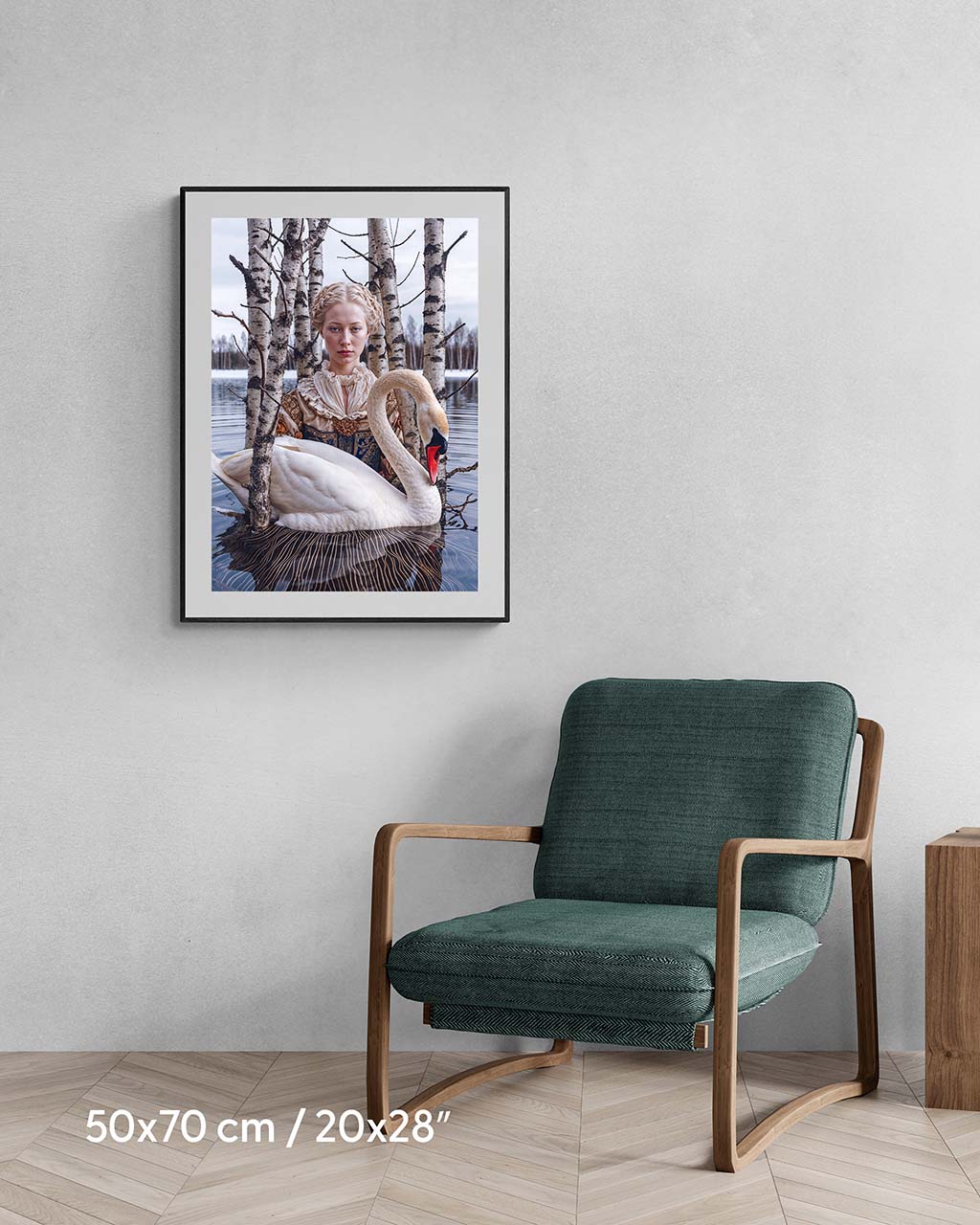 Framed art poster on the wall. Poster features a woman standing in a lake with a swan.