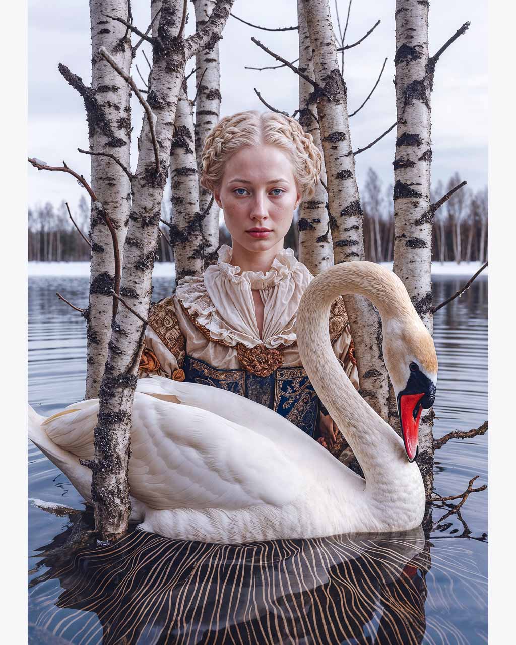 Woman standing in a lake with a swan.