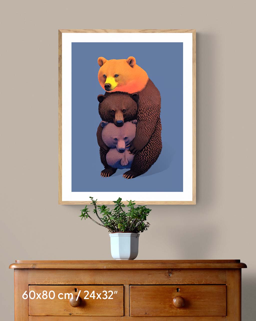 Art poster on the wall. Poster features a mysterious bear with many faces.