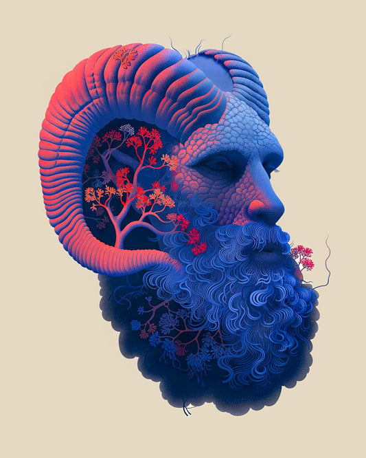 Illustration of a bearded man with horns.