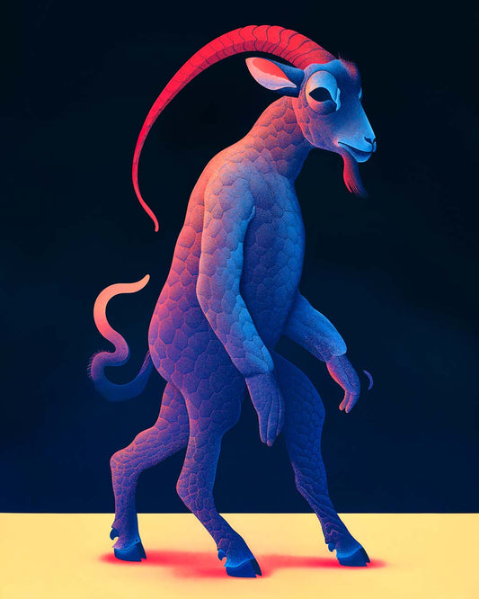 A vibrant three-legged goat walking about.