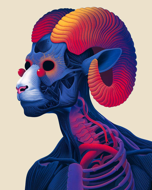 A vibrant image of a psychedelic skeleton goat.