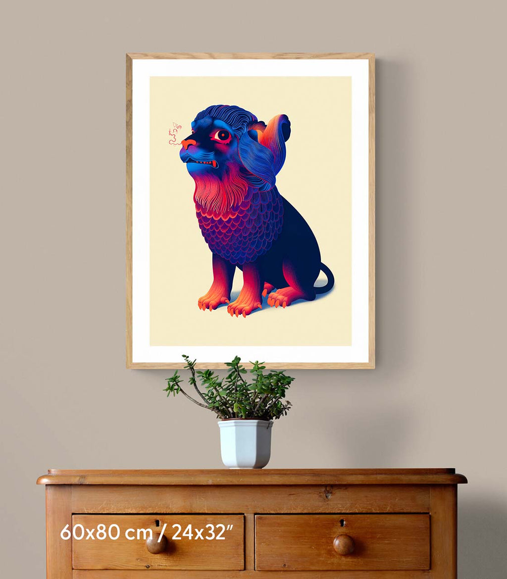 Framed poster on the wall featuring an adorable baby chimera.