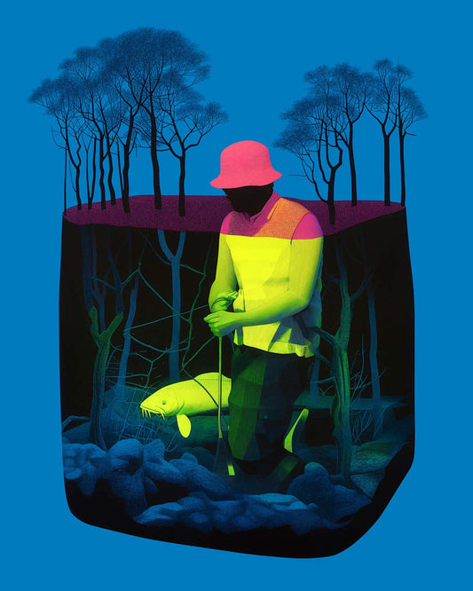 A surreal artwork titled "Submerged," depicting a figure in a vibrant pink and green outfit standing in water, holding a fishing rod with a fish. The deep blue background contrasts with the colorful figure and silhouetted trees above, creating a captivating scene.