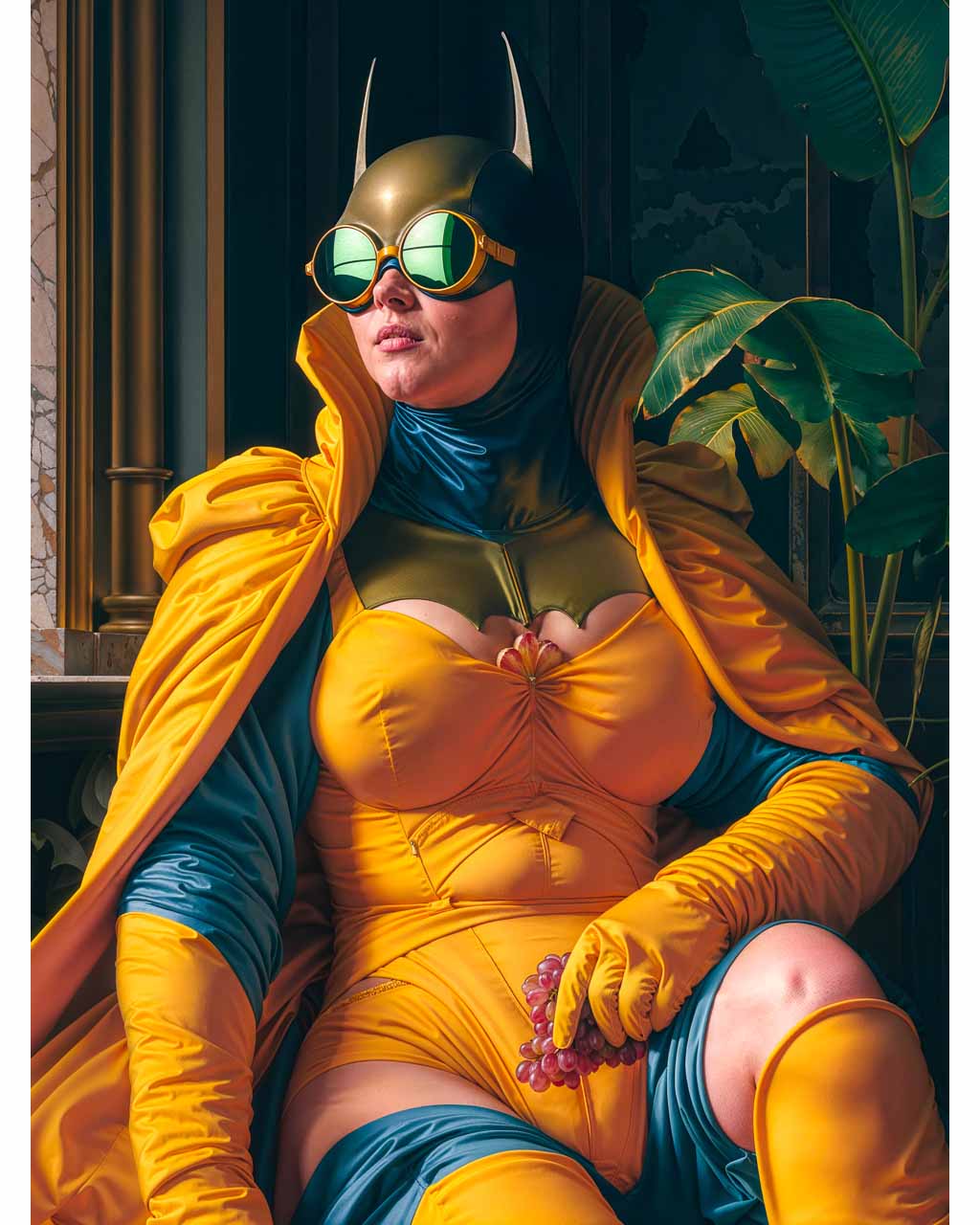 Batwoman in yellow costume chilling out and eating grapes