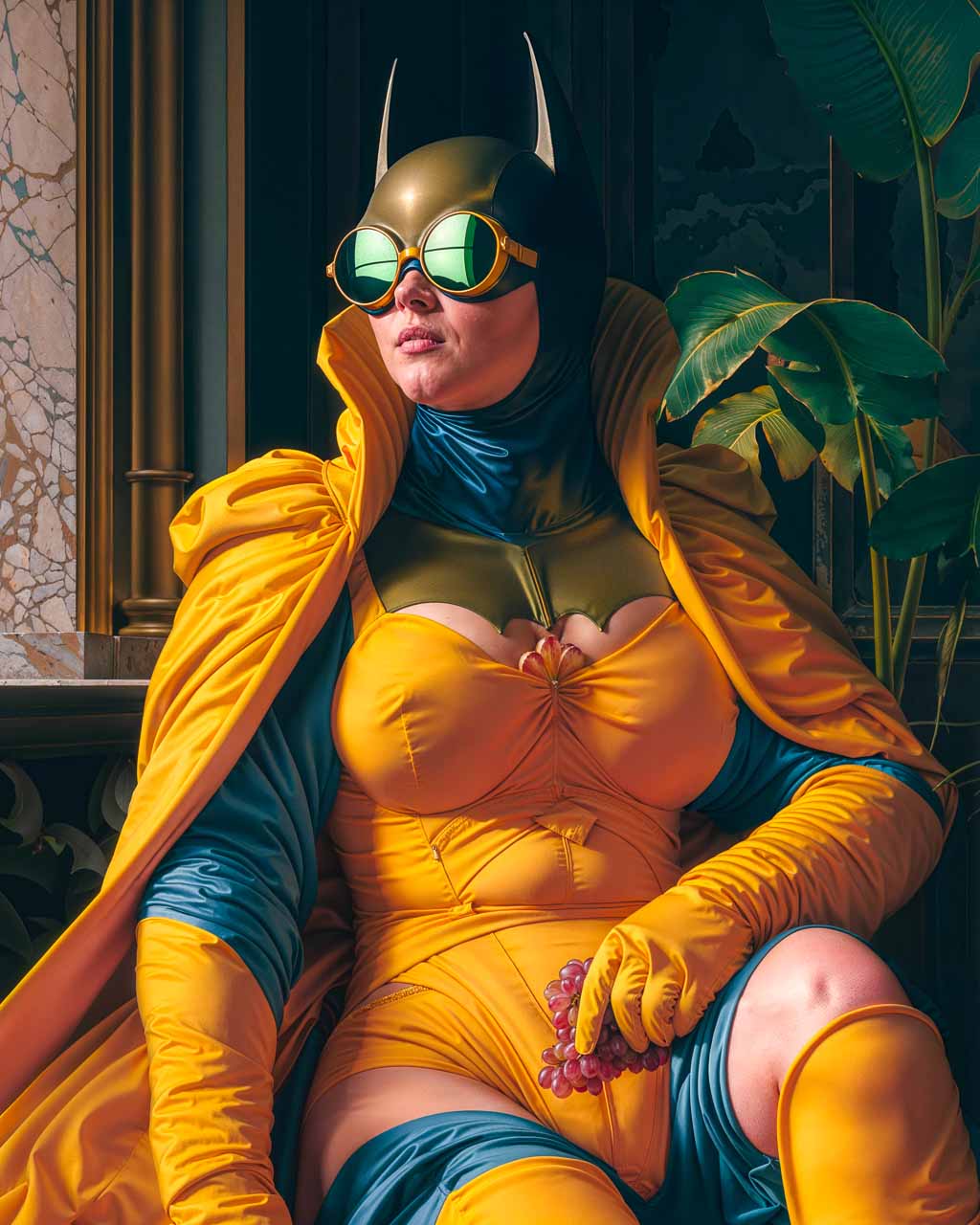 Batwoman in yellow costume chilling out and eating grapes