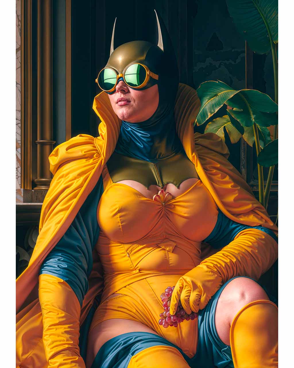 Batwoman in yellow costume chilling out and eating grapes