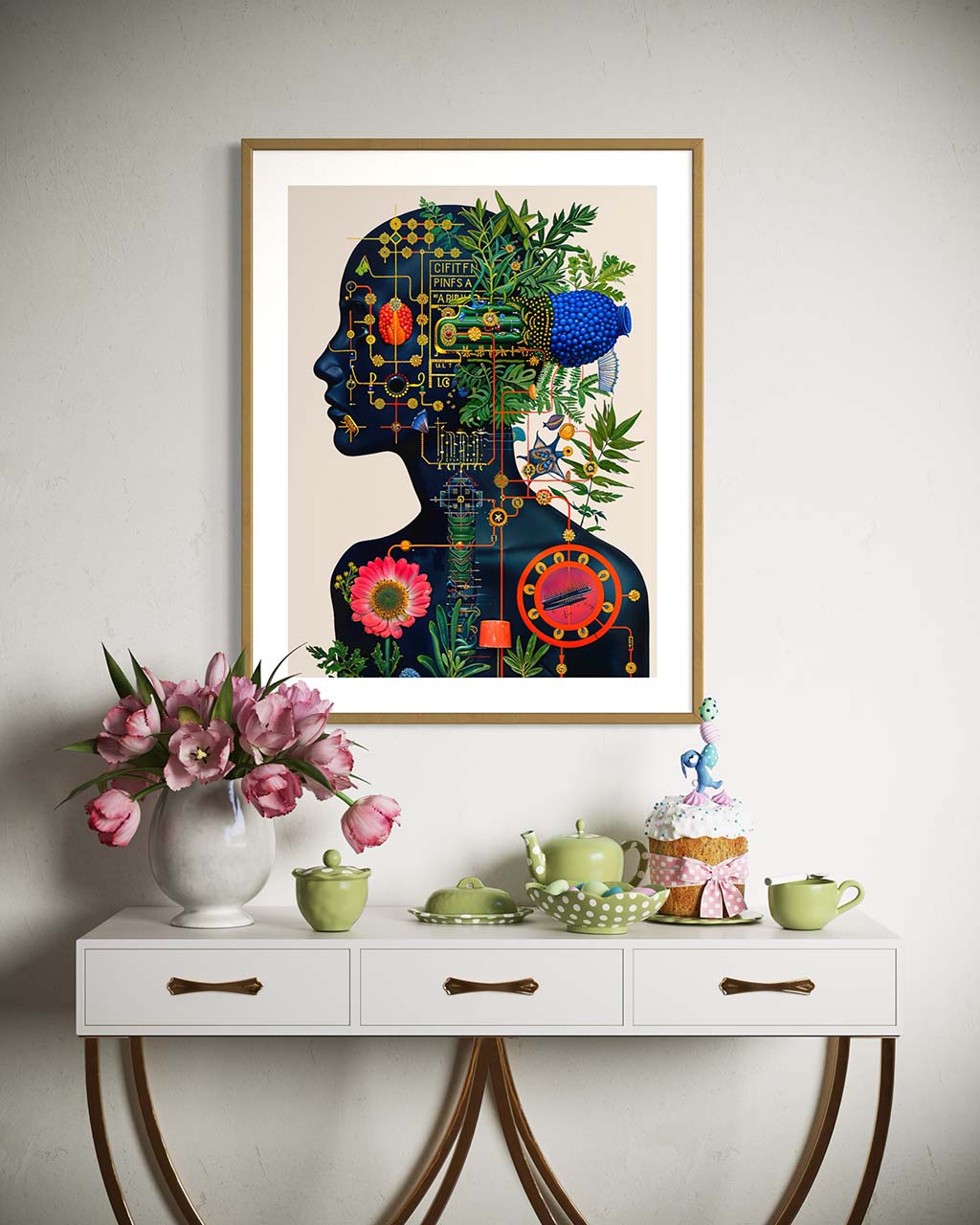 Art poster featuring a surreal figure displayed on the wall in a beautifully decorated interior.