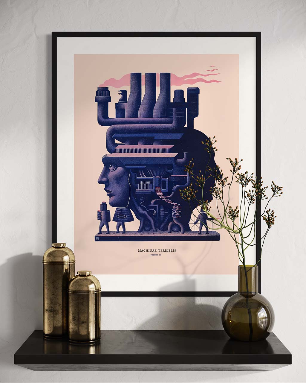 Art poster featuring a surreal man-machine hybrid displayed on the wall in a beautifully decorated interior.