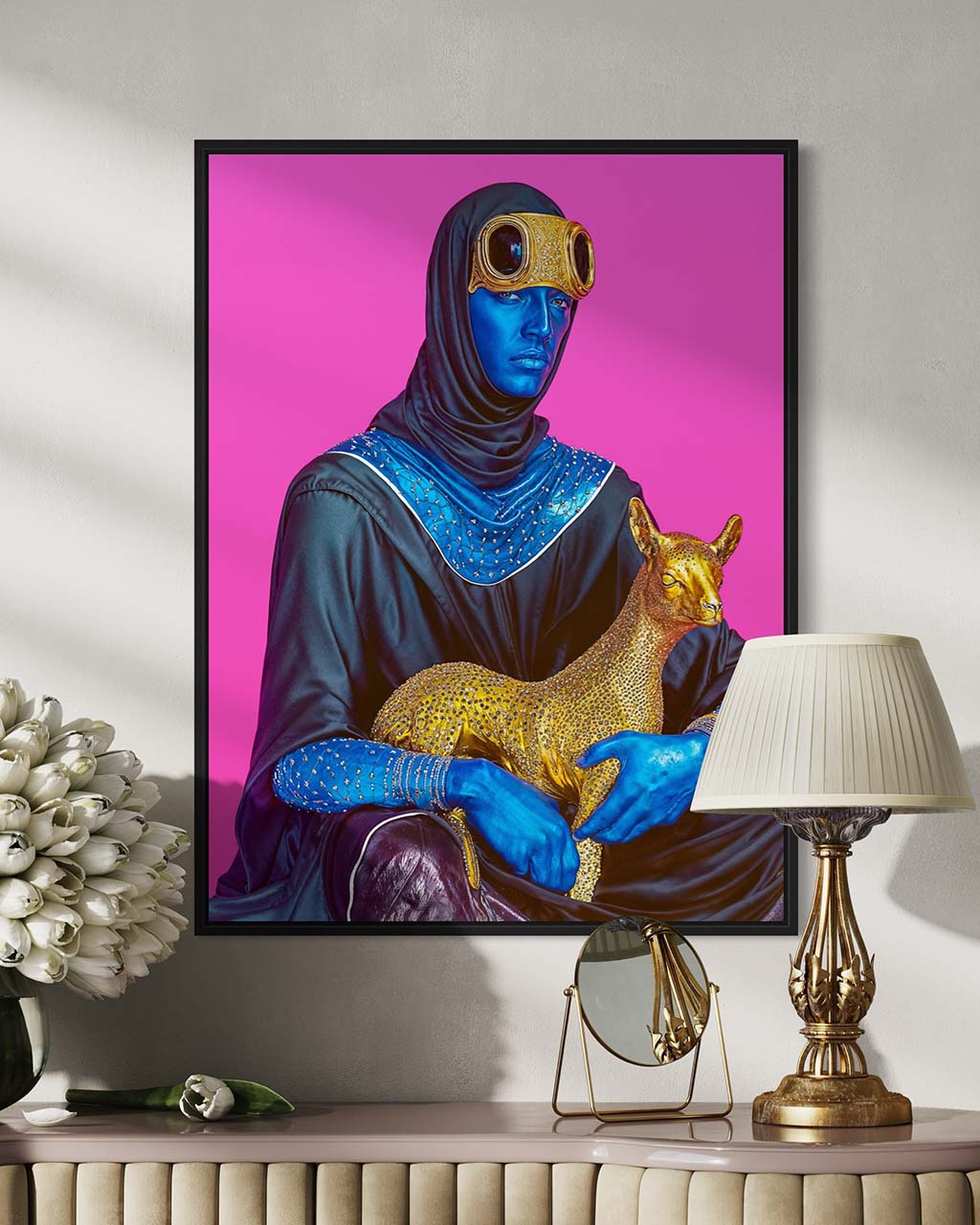 Art poster on the Wall. The posters is depicting a surrealistic blue man holding a golden lamb.