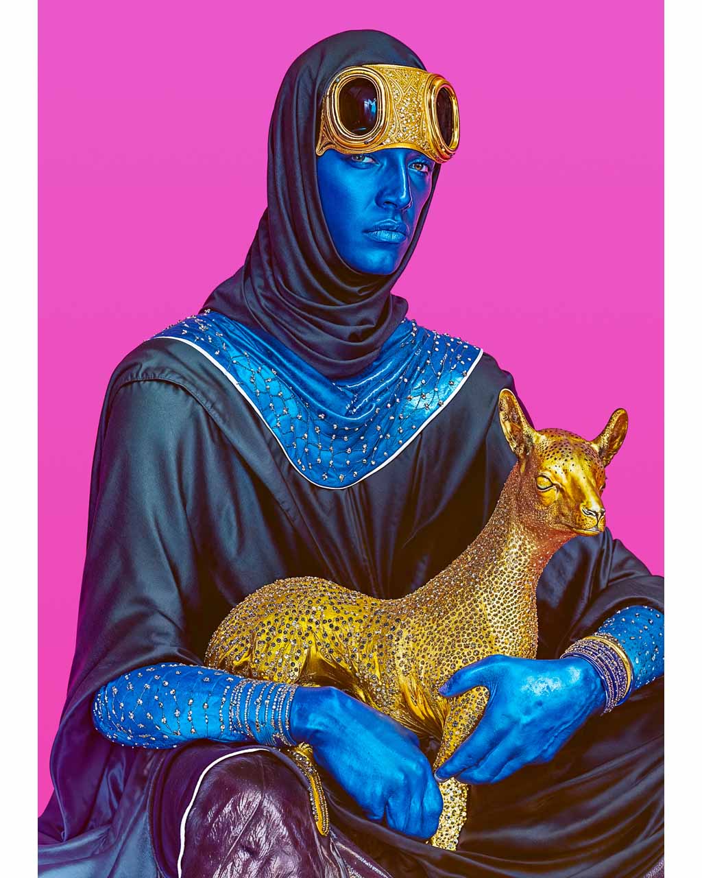 Surrealistic image of a blue man holding a golden lamb