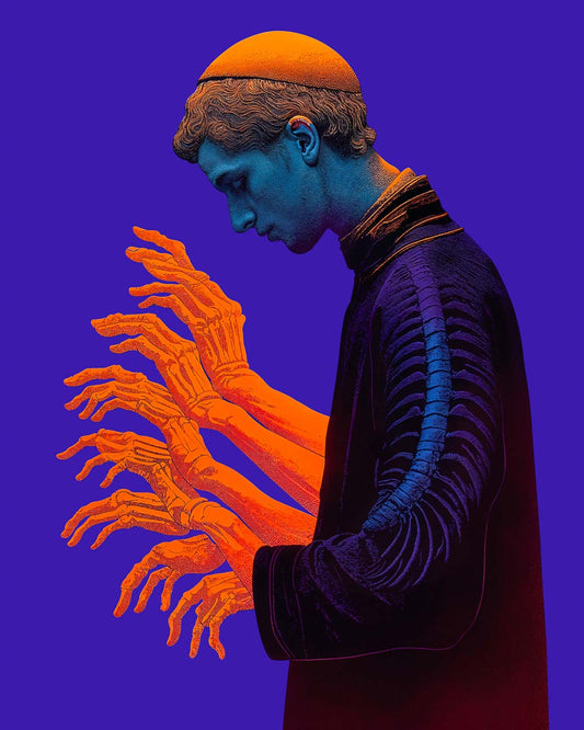 A surreal artwork titled "Man of Faith," depicting a contemplative figure in vibrant orange and blue, wearing a traditional cap. The figure has several skeletal hands extending from his body, set against a bold purple background.