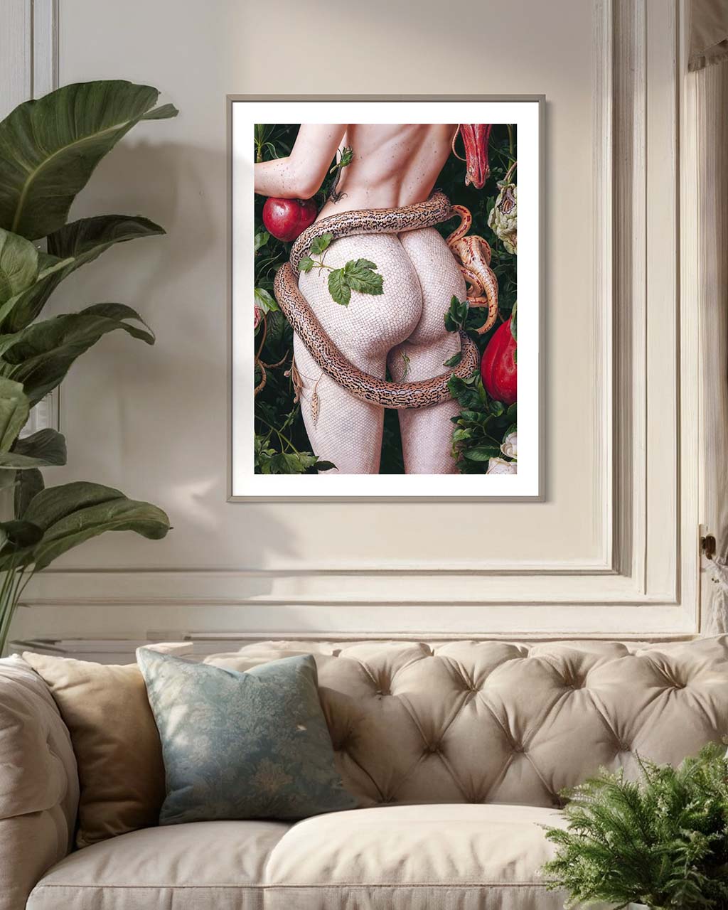 Art poster featuring Eve in the Garden of Eden displayed on the wall in a beautifully decorated interior.