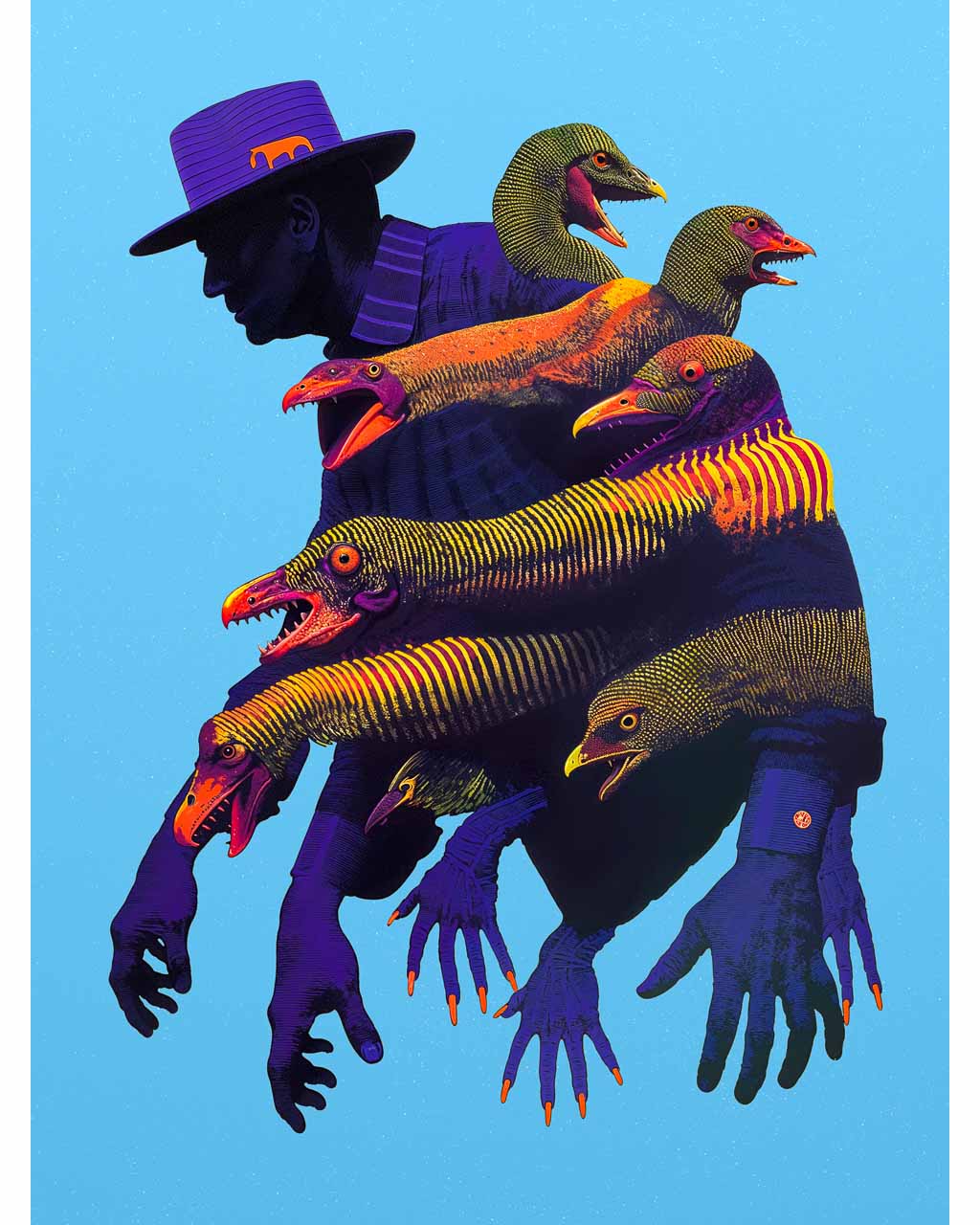 A surreal artwork titled "Call of the Wild," featuring a shadowy figure wearing a hat, surrounded by vibrant, bird-like creatures with open mouths. The bold blue background enhances the vivid colors and intricate details of the piece, evoking a sense of energy and fantasy.