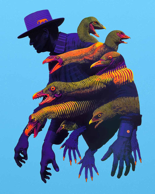 A surreal artwork titled "Call of the Wild," featuring a shadowy figure wearing a hat, surrounded by vibrant, bird-like creatures with open mouths. The bold blue background enhances the vivid colors and intricate details of the piece, evoking a sense of energy and fantasy.