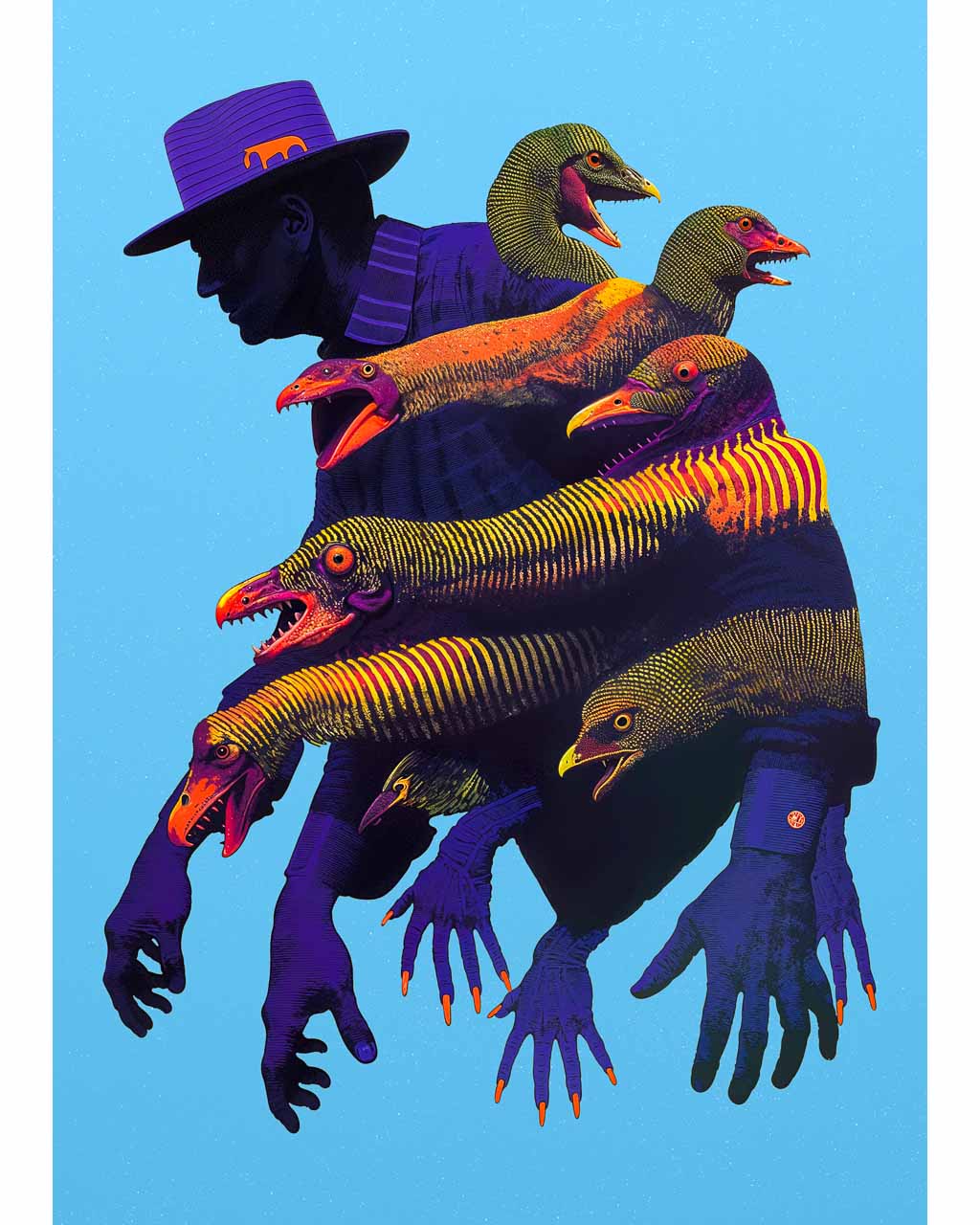 A surreal artwork titled "Call of the Wild," featuring a shadowy figure wearing a hat, surrounded by vibrant, bird-like creatures with open mouths. The bold blue background enhances the vivid colors and intricate details of the piece, evoking a sense of energy and fantasy.