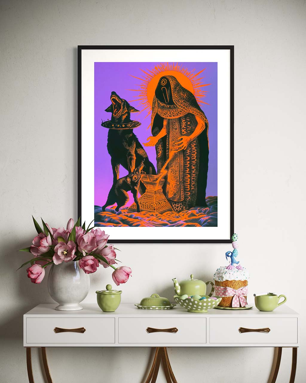 A mockup of the artwork "Hounds of Love" displayed as a poster in a modern interior setting. The poster features a mysterious figure in a flowing robe accompanied by two powerful dogs against a vivid orange and purple background. The sleek environment complements the artwork's bold colors and intricate patterns, enhancing its striking visual impact.