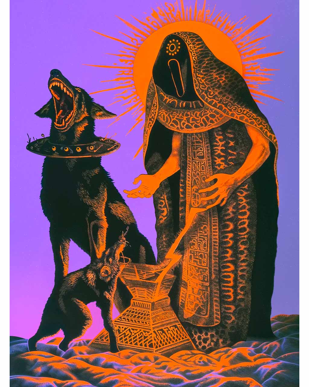 A surreal artwork titled "Hounds of Love," featuring a cloaked figure standing with two dogs, one howling. The bold orange and purple colors create a dramatic contrast, while intricate patterns adorn the figure's robe. The piece evokes themes of companionship and mysticism, drawing the viewer's attention.