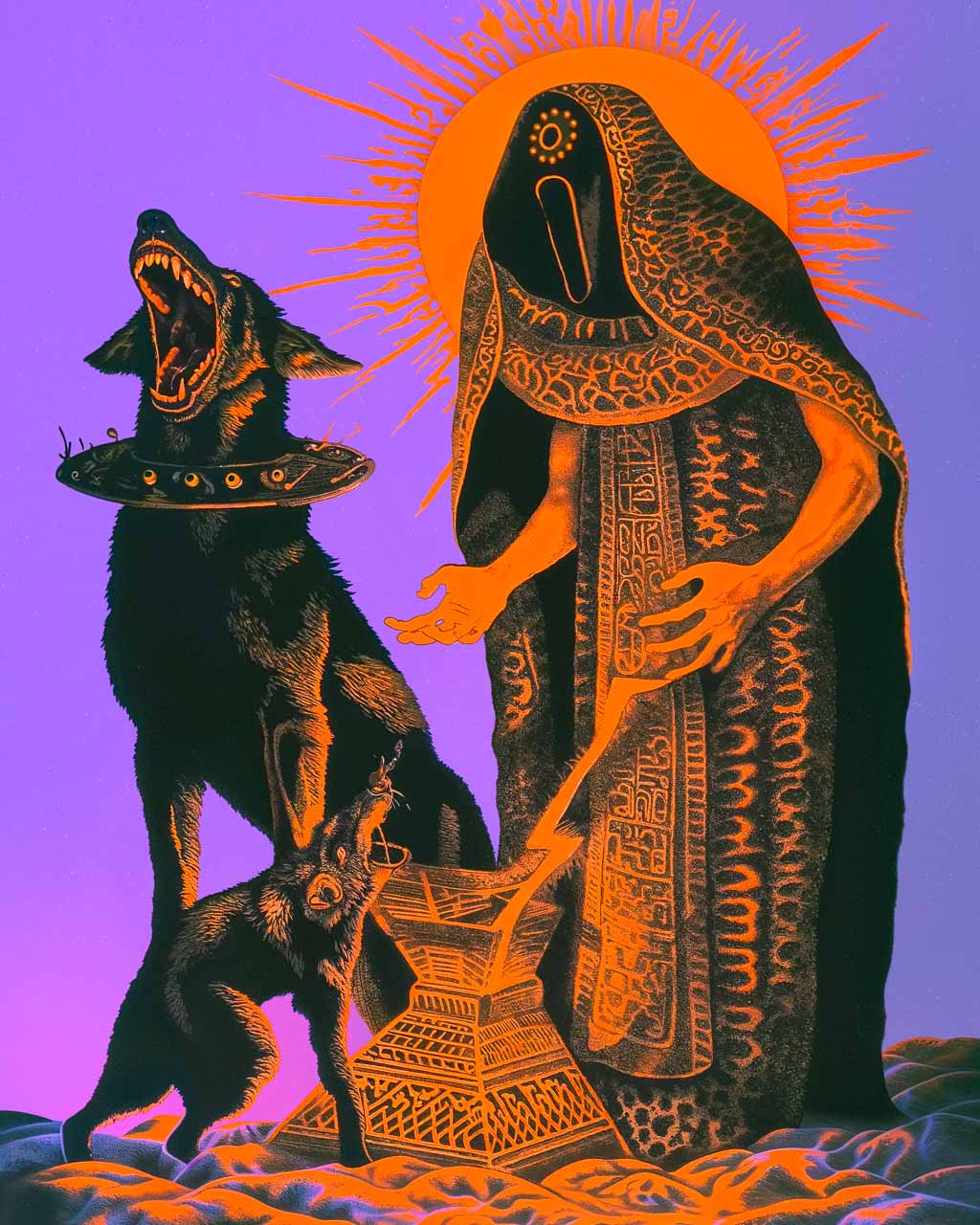 A surreal artwork titled "Hounds of Love," featuring a cloaked figure standing with two dogs, one howling. The bold orange and purple colors create a dramatic contrast, while intricate patterns adorn the figure's robe. The piece evokes themes of companionship and mysticism, drawing the viewer's attention.