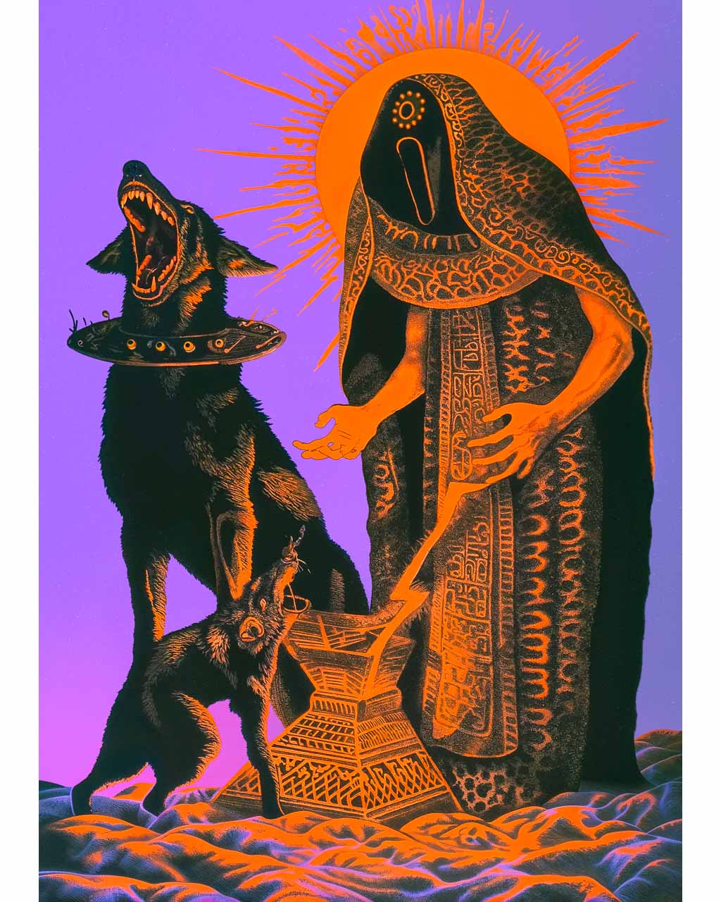 A surreal artwork titled "Hounds of Love," featuring a cloaked figure standing with two dogs, one howling. The bold orange and purple colors create a dramatic contrast, while intricate patterns adorn the figure's robe. The piece evokes themes of companionship and mysticism, drawing the viewer's attention.