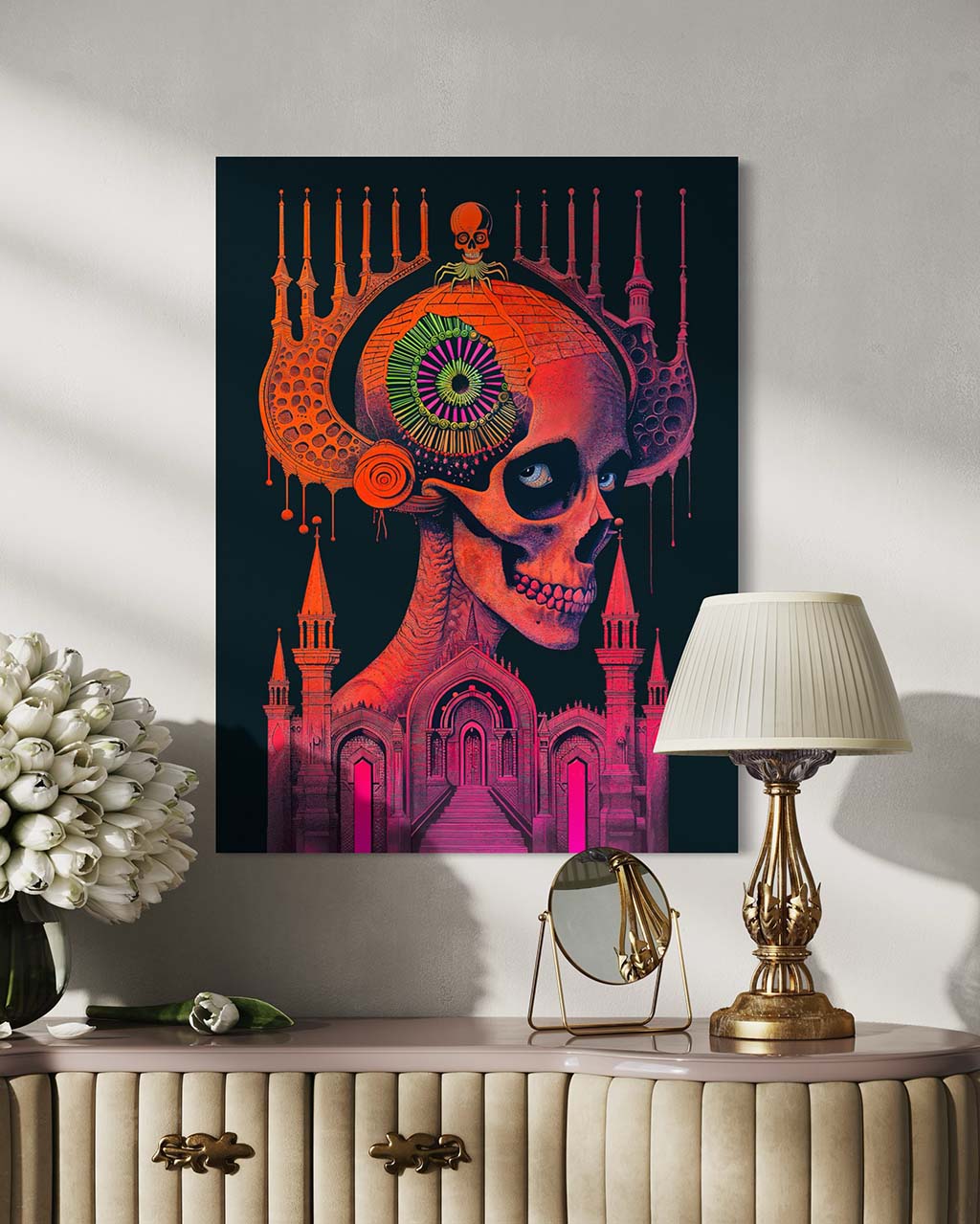 Art poster featuring a surreal skull-headed figure displayed on the wall in a beautifully decorated interior.